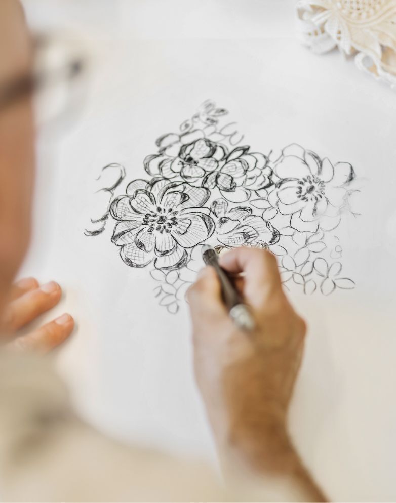 Hand zeichnet einen Stickereientwurf